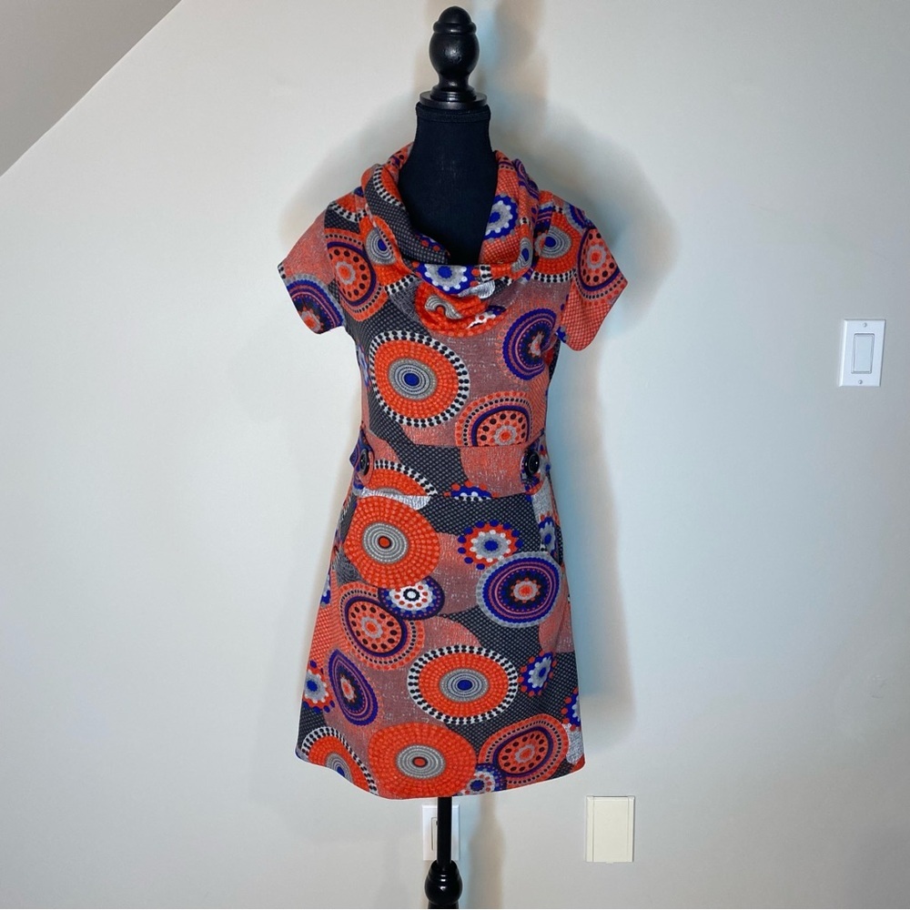 Geometric Pattern Mod Mini Dress 60’s Go-Go Cowl Neck Vintage Style Small - Picture 12 of 13